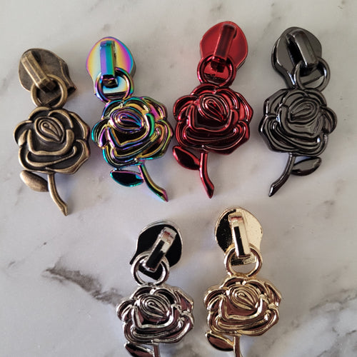 Roses #5 Zipper Pulls,  Rainbow, Gunmetal, Light Gold, Chrome, Red, anti bronze, Flower Zipper Pulls