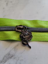 Load image into Gallery viewer, Lime Green #5 Zipper Tape with Gunmetal Zipper Tape