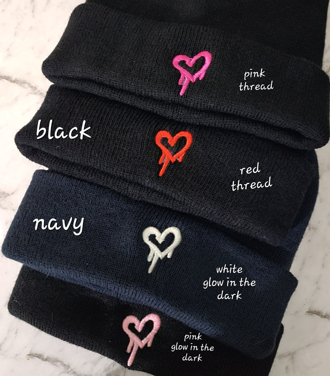 Drippy Heart Beanie, embroidery hat, glow in the dark, party beanie,