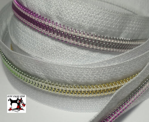 Rainbow Zipper Teeth  # 5 With White Zipper Tape